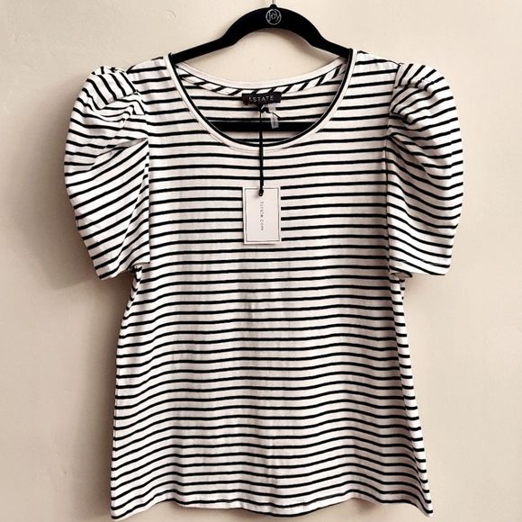 1. State Tops - 1. STATE Black and White Striped Puffed Short Sleeve Pullover Top sz M NWT